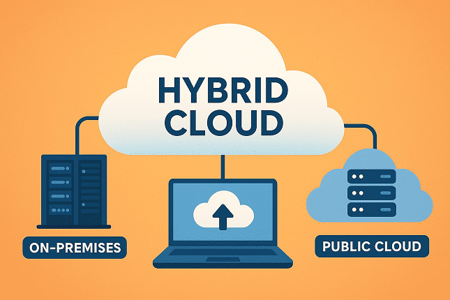 Hybrid cloud linking on-premises servers and public cloud.